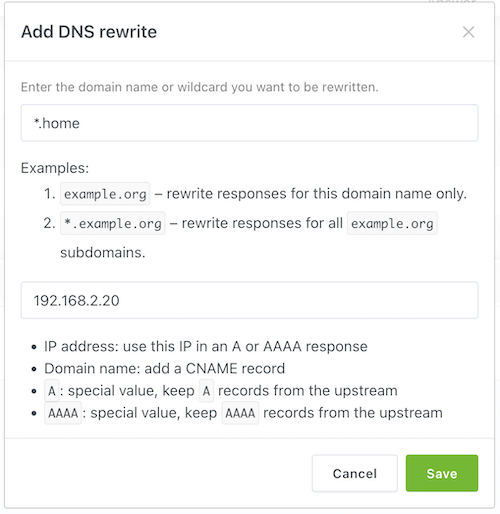 Screenshot of DNS rewrite options on AdGuard Home Screenshot of DNS rewrite options on AdGuard Home